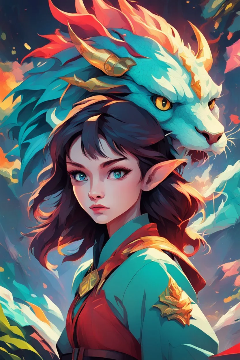 A dragon mixed with a mythical lion and a human female elf. Dramatic and powerful look and feel. Extensive attention to details. Bold lines. Vivid colors. 80s style retro anime art. Double exposure. cartoon style. cubism style. high resolution, full details