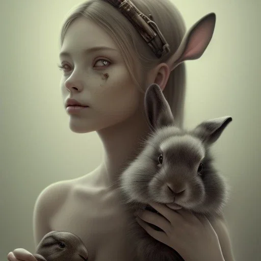 a cute smiling girl holding her bunny, tattoo in her face, michelangelo oil painting, steam punk, scary, horror, realistic, made in octane, cinematic, ultra-realistic, extremely detailed octane rendering, 8K, VRAY Super Real ar 2:3, dof photorealistic futuristic 50mm lens hard lighting dark gray tintype photograph, realistic lighting, sephia colors