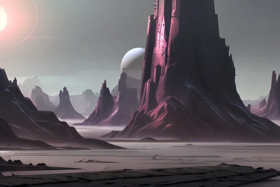 Alien landscape with grey exoplanet in the sky, over the valley. Lagoon, vegetation, sci-fi, concept art, cinematic, movie poster