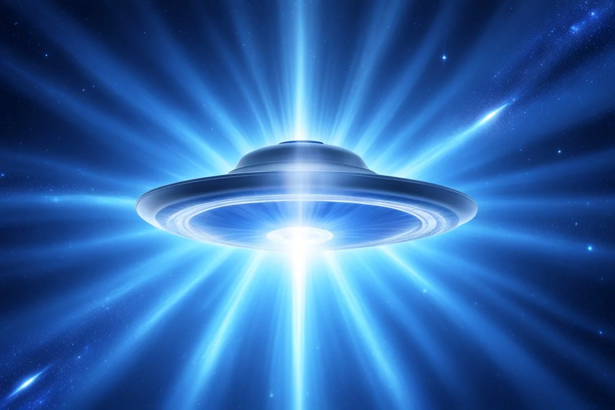 a flying saucer made of light and bright over a light blue galaxy. the saucer has a bright ray crossing it in a vertcal way