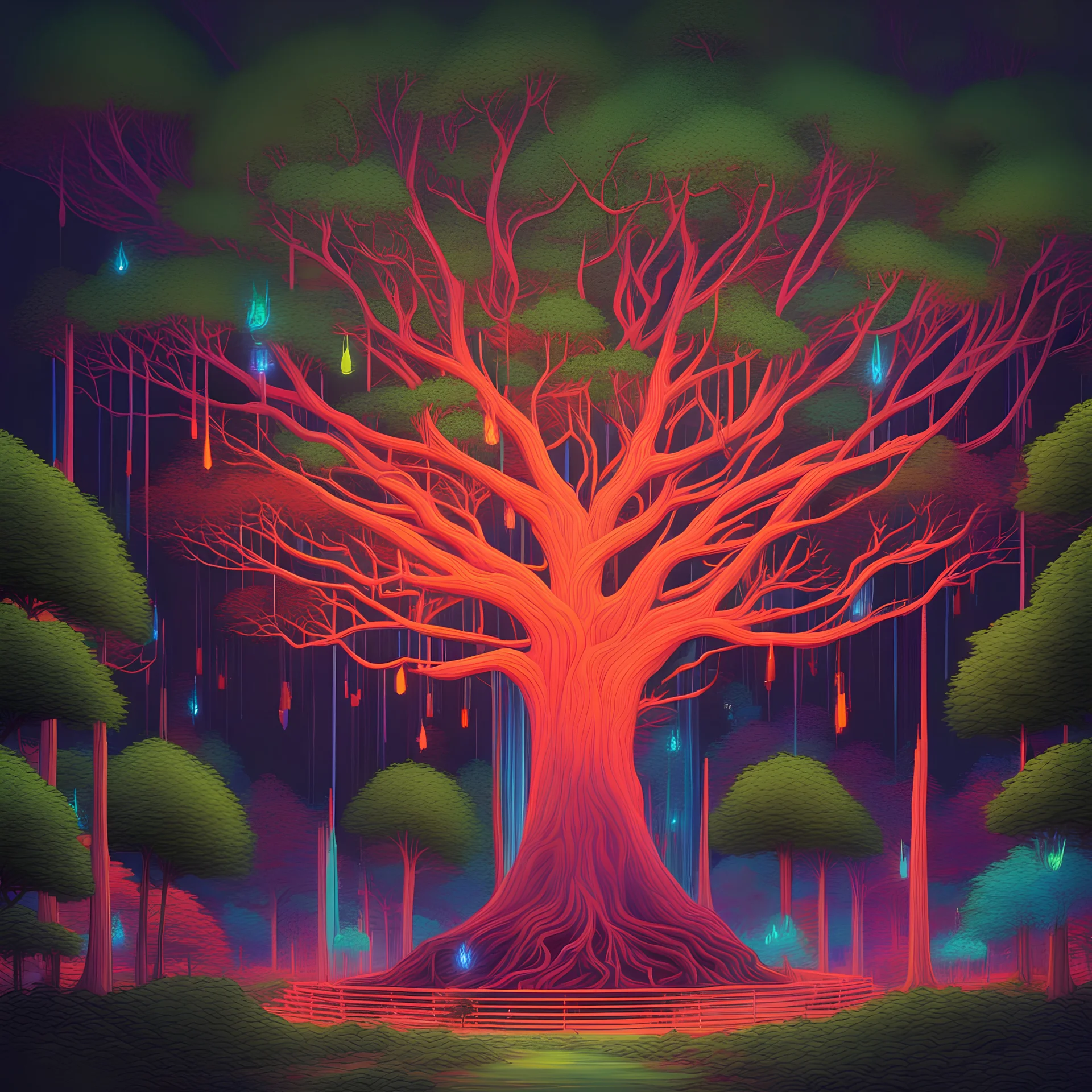 Imagine an electric forest at the edge of a neon-lit horizon. In the foreground, a single towering tree with branches that resemble musical instruments, each glowing with vibrant energy. The AI task is to create a harmonious blend of the natural and the electric, where the leaves of the tree emit colorful pulses corresponding to the mood of your music. The scene captures the essence of your album, portraying a fusion of nature and technology. The AI can experiment with the interplay of light an