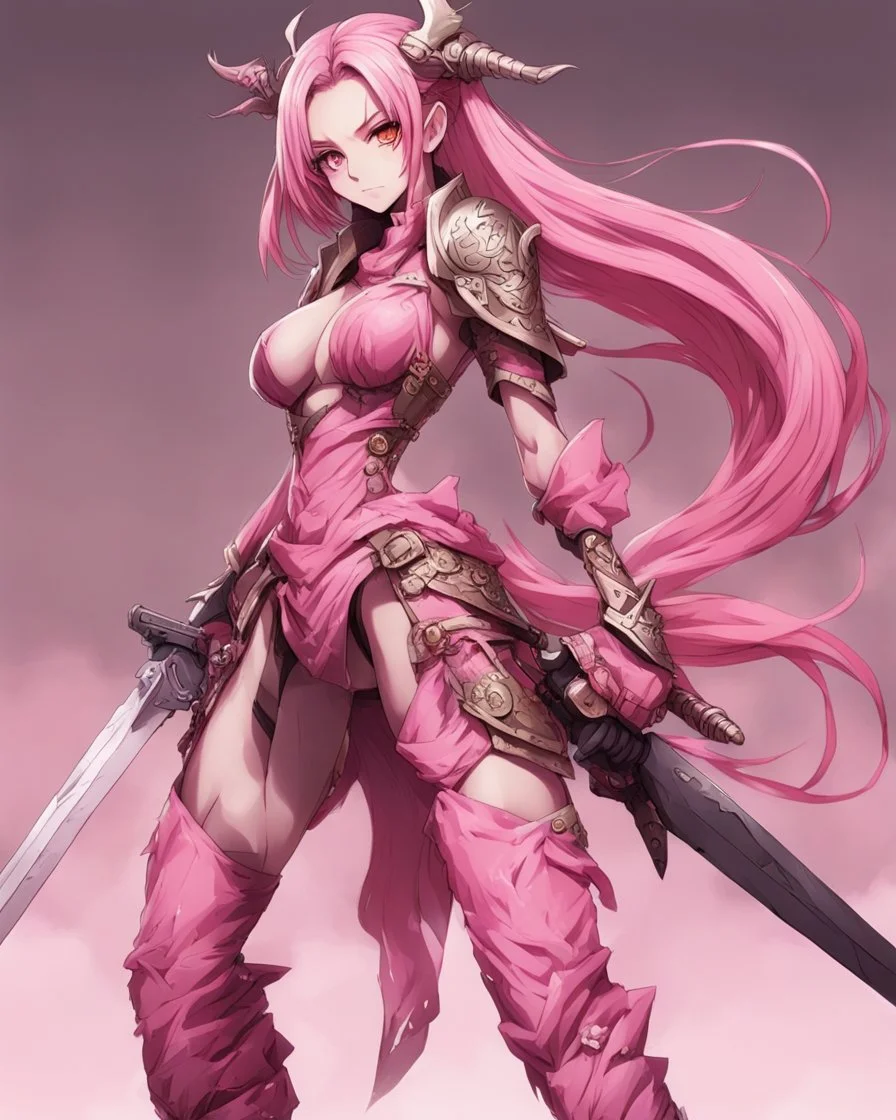 Anime warrior, fullbody, style, pink tones, huge hip bones, veiny neck, eyes rolled back, view Mejiri Pose,