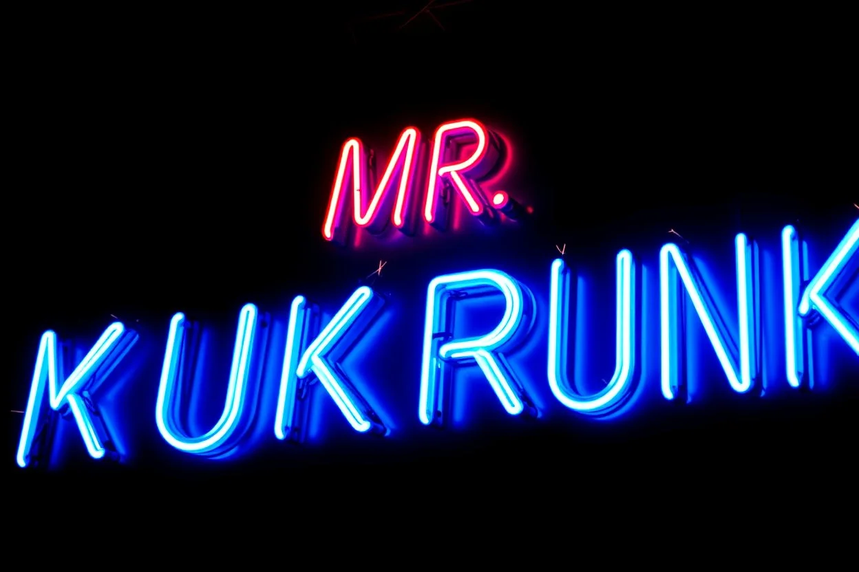 a very big blue whita neon sign that say "MR. KUKRUNK" , black background, flashes and sparks