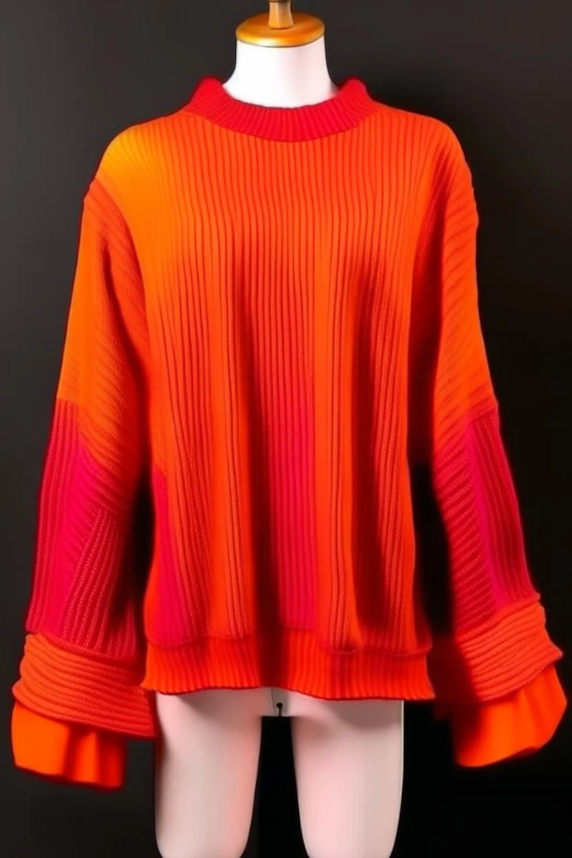 Man's large and long red orange beige and fuxia knitted Poliedric jumper and bell shape sleeves