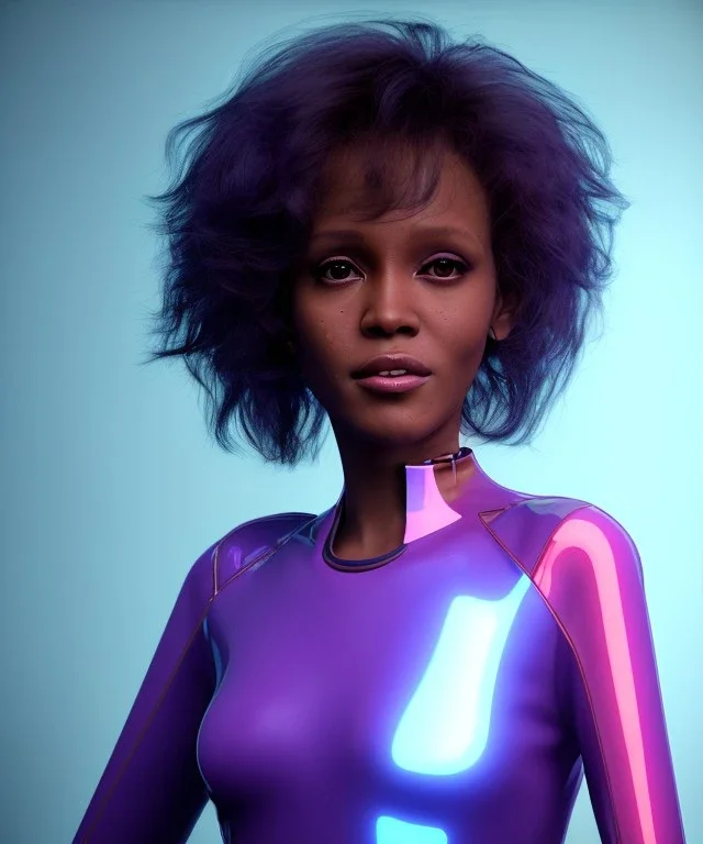 Artist, young Whitney Houston, android woman, sweet, clean skin, short hair, circuits, ghost in the shell, latex coat, feather, cyber punk, neon, bamboo, blood, portrait, studio photo, unreal engine 5, soft color, 16 bit, god lights, ray tracing, RTX, lumen lighting, ultra deatail, volumetric lighting, 3d, finely drawn, hd.