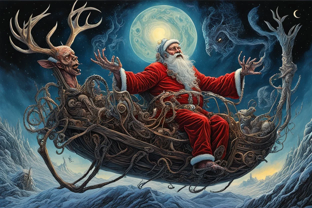 Dramatic Lovecraftian Santa Claus Elder God in Sleigh flying through the night sky, skeleton reindeer, by Michael Whelan, by John Jude Palencar, by Ian Miller, surreal horror, alcohol oil painting, expansive, dark colors, vivid lovecraftian images pierce through an enveloping nightmare, palpable textures, distressing hues, Palencar's distinctive visceral style, detailed line work, rich sharp colors, maximalist, UV blacklight effect