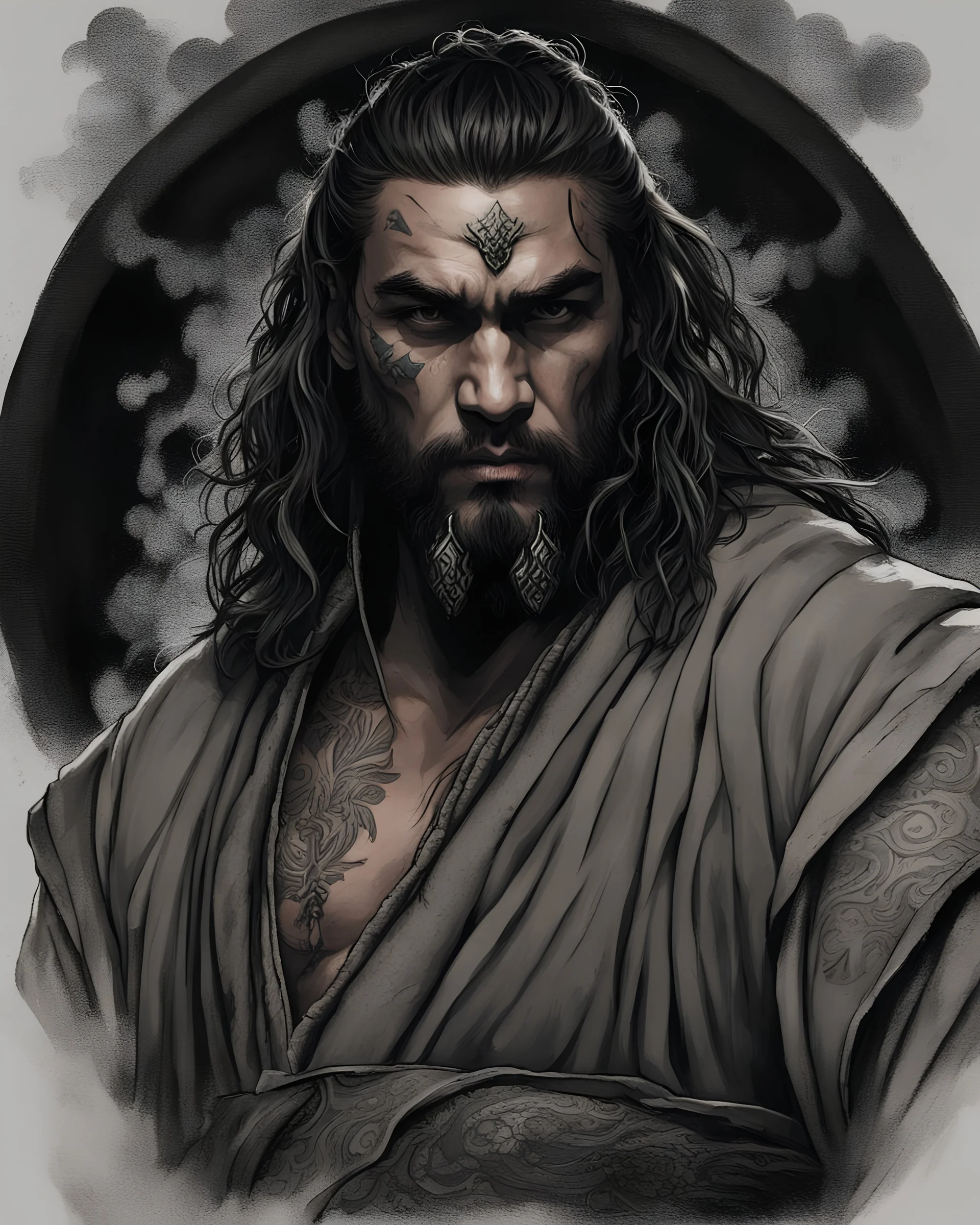 short jason momoa wild peasant ronin wearing robes with face tattoos, fantasy painting