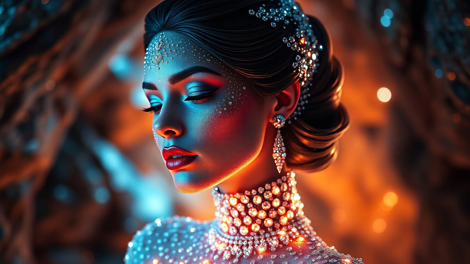 Gorgeous woman created from diamond, silk, diamonds, gems, sparkling dots, in crystal cave background, style Darek Zabrocki, magic realism, gradient colors, cinematic lighting, bokeh, Ultra-detailed Quality 3D, 3d render octane, Unreal engine 5 effects, VFX, Isometric, Made in blender, 8k sharp focus, cinematic, ultrahd, highly detailed, ultra photorealism fantasy