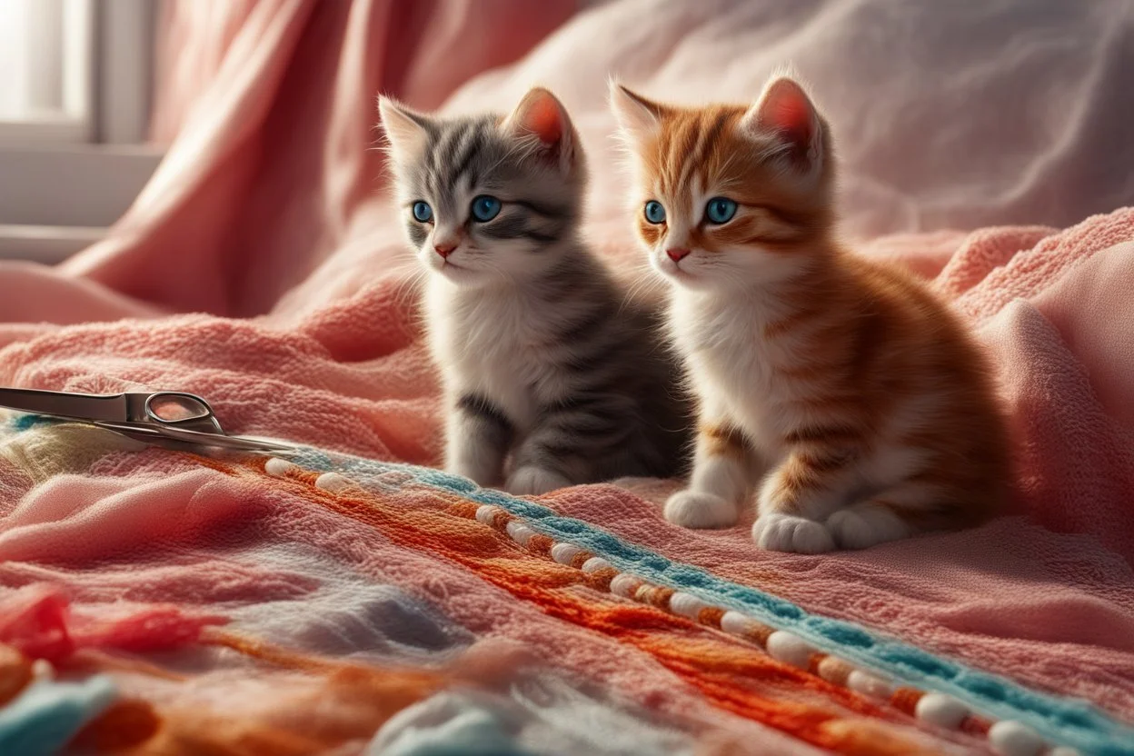 Hand sewn and embroidered extremely cute kittens, threads, sewing needles and a pair of scissors on a table on lace blanket in a luxury bedroom, centre, bold colours elegant fantasy 8k beautiful dynamic lighting award winning imperial colors hyperrealistic ultra detailed 4K 3D high definition crisp quality colourful hdr in sunshine