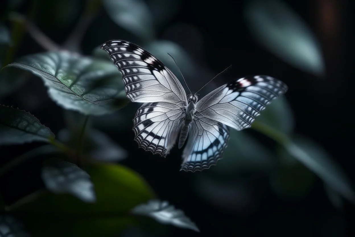 diaphanous transparent light butterfly with glowing center on dark grey leaves, ethereal, otherwordly, cinematic postprocessing, bokeh, dof