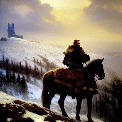 portrait of 'The Northman-Viking King on horse',ancient metal armor,castle,army, snow, cold, painting by gaston bussiere, greg rutkowski, yoji shinkawa, yoshitaka amano, tsutomu nihei, donato giancola, tim hildebrandt, evan lee,oil on canvas, cinematic composition, extreme detail,fit full head inside picture,16k