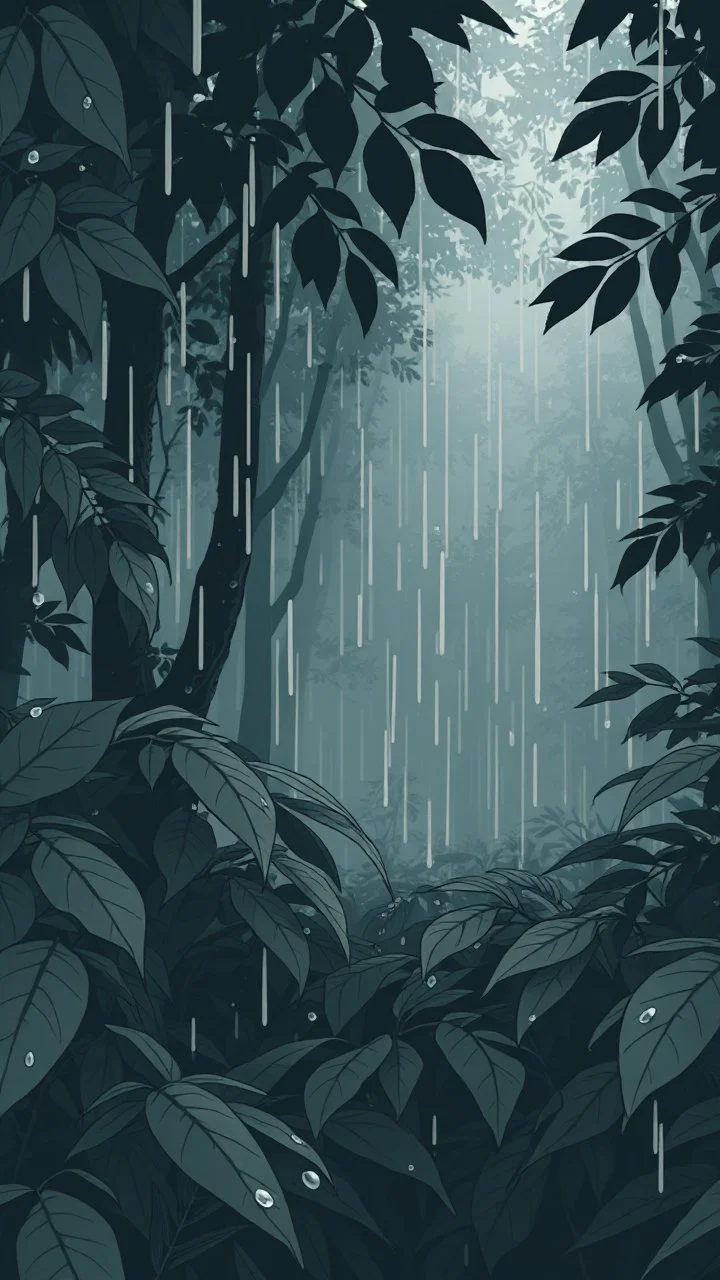 a dramatic scene in a dense forest under the rain. The background should feature raindrops falling around the leaves.thin line draw