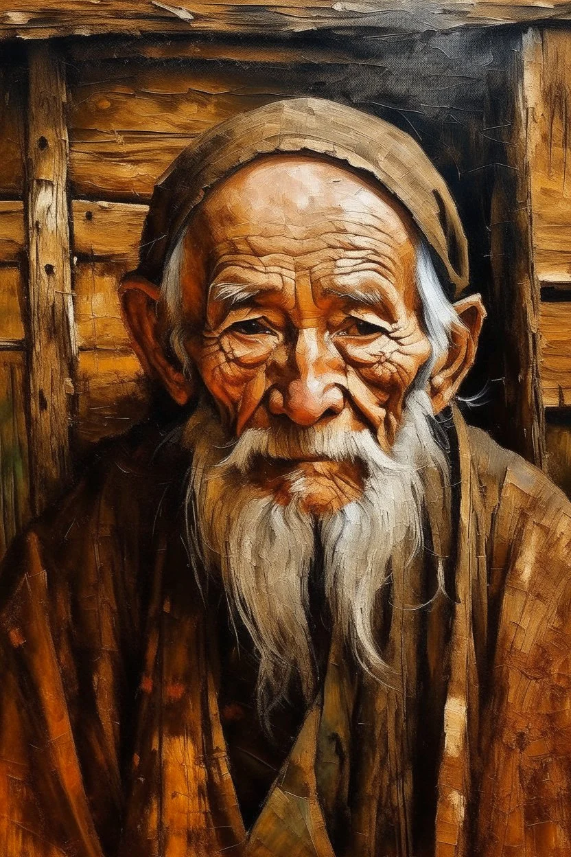 oil painting on rough wood, uneven textures, a very old monk