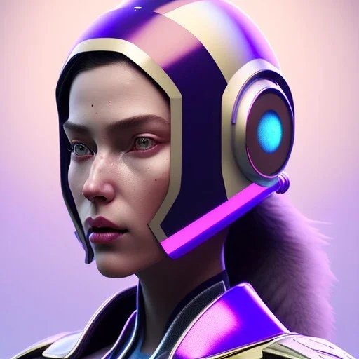 woman, rounded face, purple, round old helmet, decorative color feathers, retro futuristic, latex coat, soft color, highly detailed, art stations, concept art, smooth, unreal engine 5, god rays, ray tracing, RTX, lumen lighting, ultra detail, volumetric lighting, 3d, finely drawn, high definition, high resolution.