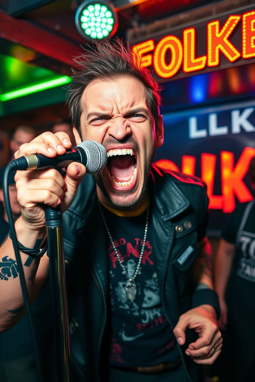 A very angry and bitter punk rocker screaming at microphone, very aggresive image in a club house, his name i FOLKE, and the name FOLKE in background