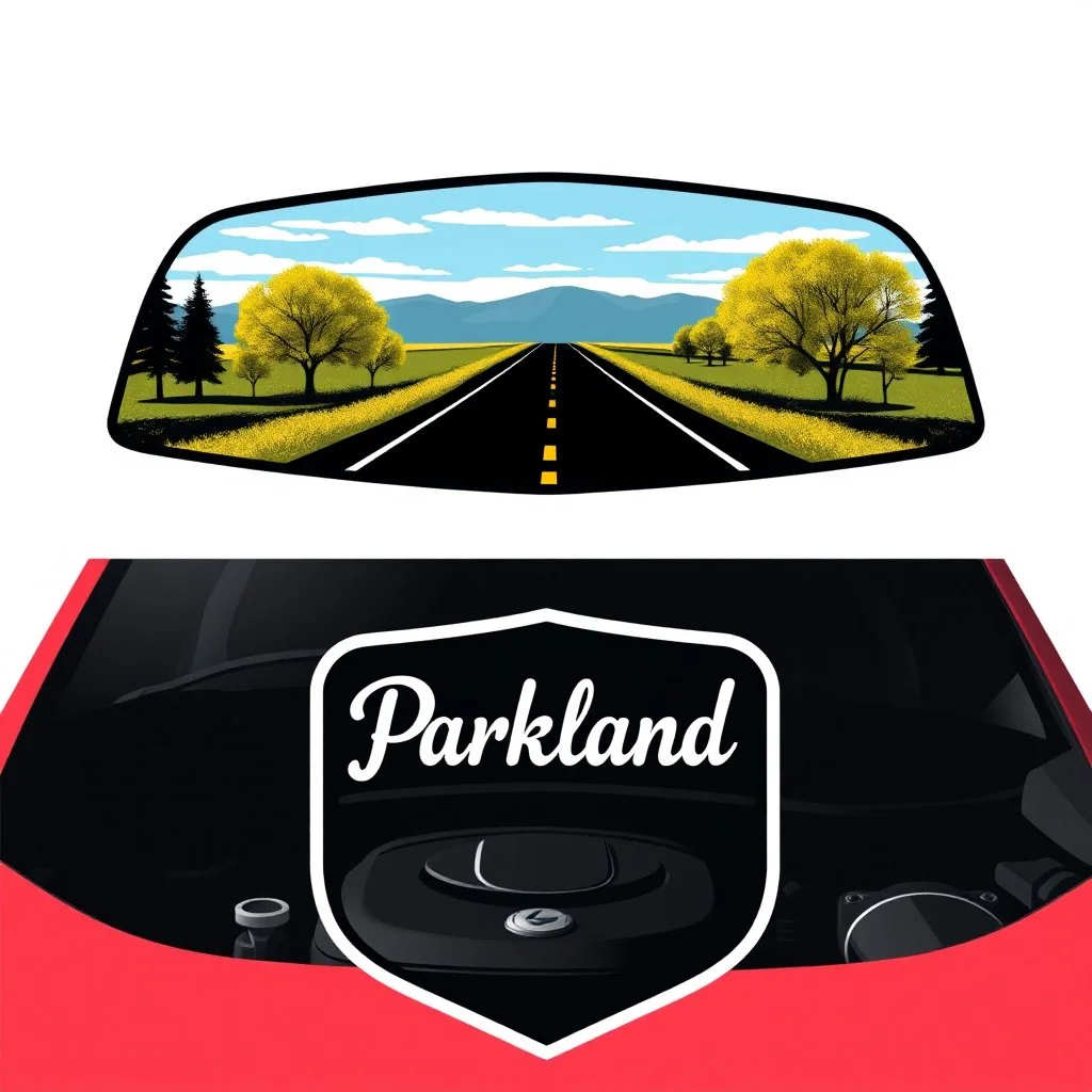 design for a shop that installs tires and does oil changes, top has elements of beautiful park highway drive on flat land with elm and poplar trees, bottom shows the engine under car hood. on windshield is written "Parkland", all inside a shield shape with squared top and rounded bottom, in the style of national parks stickers