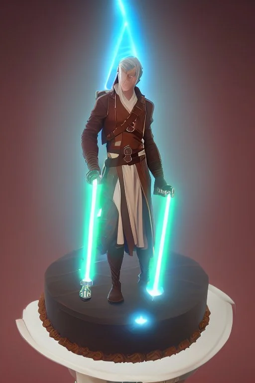 sponge cake filled with chocolate topped with a marzipan Jedi holding a lightsaber