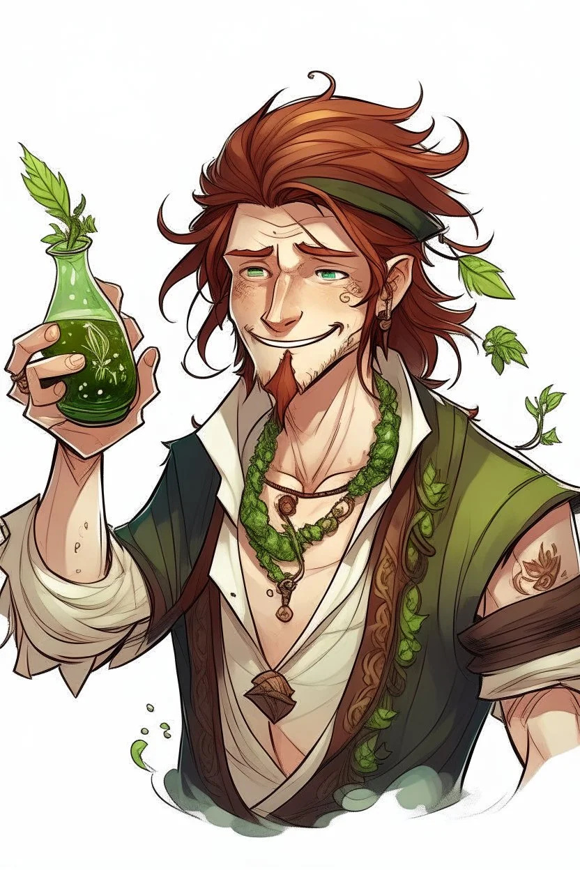 drunk wet pirate nereid male with auburn hair and seaweed