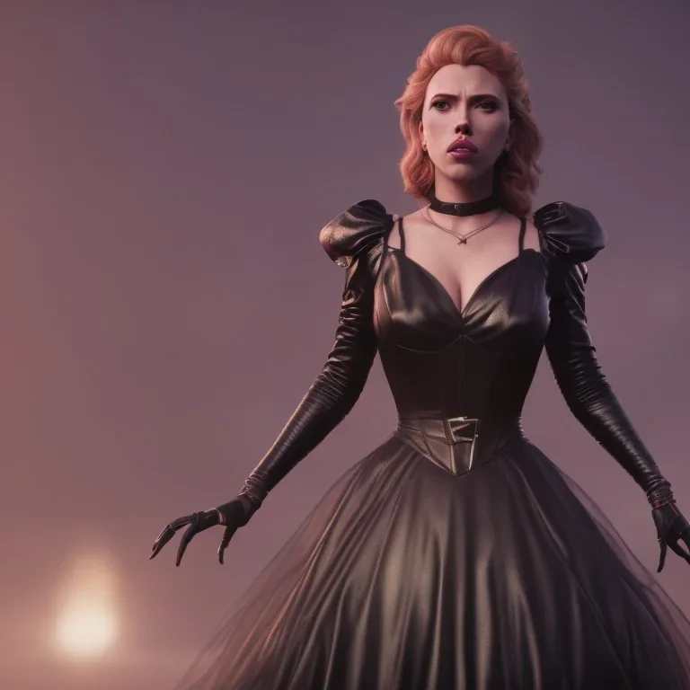 Scarlett Johansson as evil queen in black leather gown, cleavage, angry, stern look unreal 5, octane render,cinema4d, dynamic lighting, dramatic lighting, 4k, redshift render, highly detailed, hyper realistic, in space