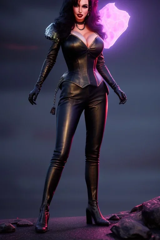 painting of lisa ann as evil queen in black leather pants, , leather, angry, stern look, volumetric lighting, particales,highly detailed,cinematic, deep colours,8, highly detailed, digital painting, artstation, concept art, smooth, sharp focus,