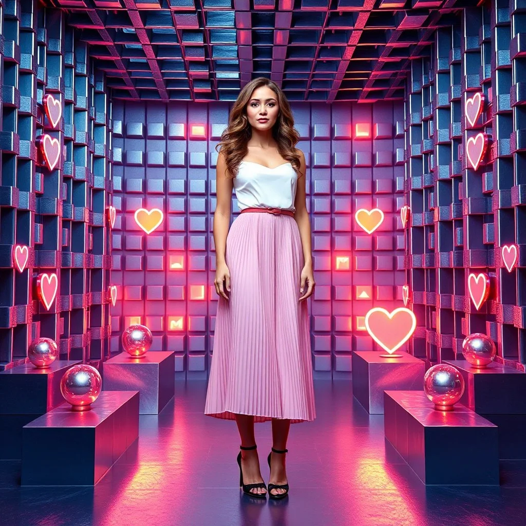 make a picture pretty stage made of metallic blue-gray teme 3d recursive cubic and sphere and heart simbol lights s base structures and a beautiful fashion model lady standing with cute in scene with sexy top and pretty pleated midi skirt ,makeup curvy long hair,dynamic camera zoom to full body and pan, dynamic lights.