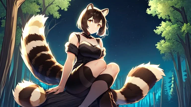 Girl, raccoon tail, raccoon ears, sit on tree, night time, forest