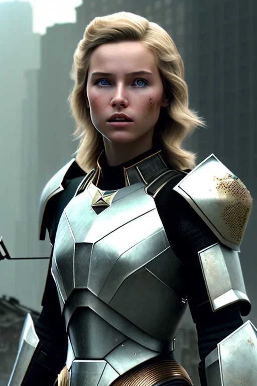 ultrarealistic, ruined city,__sci-fi armor__, __angles__, 18 year old woman, strikingly beautiful, blonde hair, _colour_, [__starlets__|__starlets__], (pale __skincolor__ skin:1.2), __camera__, _hair_, detailed face and eyes, medium breasts, leather choker, freckles, dynamic pose, resolved expression, __accessory__, strappy outfit, (straps:1.1), sword in scabard on left hip, (buckles, buttons, snaps, rings:1.0), breastplate, detailed eyes, plump lips, sci-fi theme