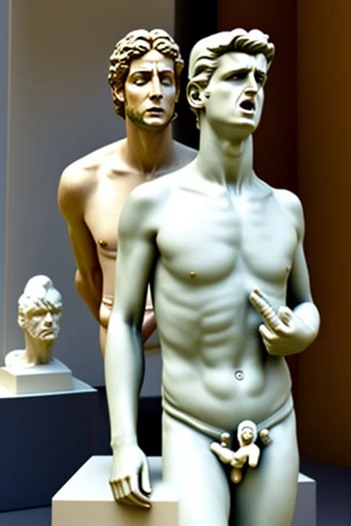 in a modern art display, two famous statues are next to each other, one is David and the other is the Discobulus statue. The discobulus hand covers the private part of David, they both look disgusted at each other