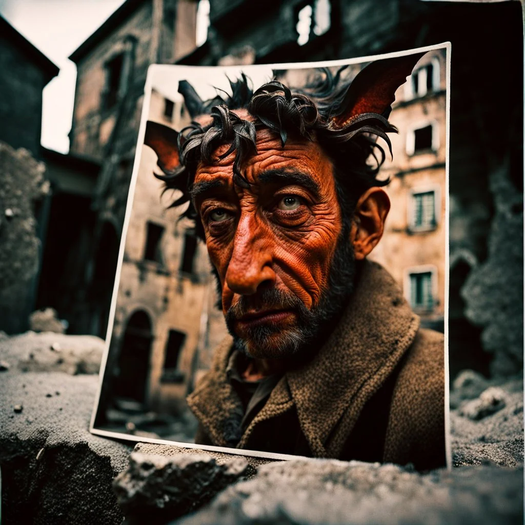 Close-up polaroid of ultra realistic odd monsters in a ruined city, after a war, vivid, ultra realistic, Egon Schiele, hypermaximalist figures, light, Italian 1970's odd movie, hilarious, fine art, Minicavio Quollati style, photography by Marlost Endgulp, dark atmosphere, obsessive, 4k, sharp focus, 3d, photorealism