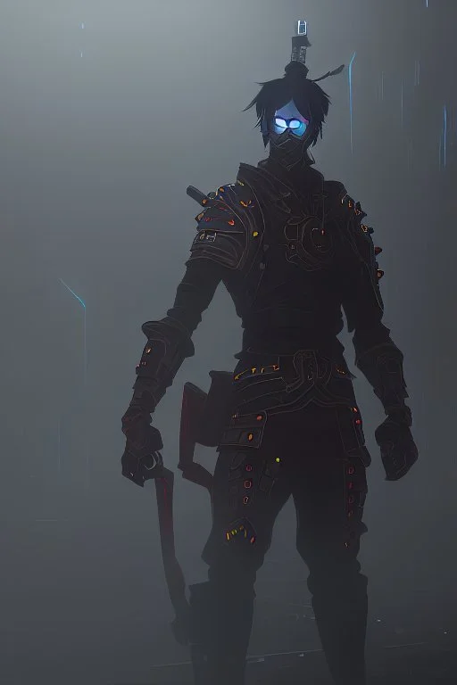 samurai robot in black and cloak in a cyberpunk environment