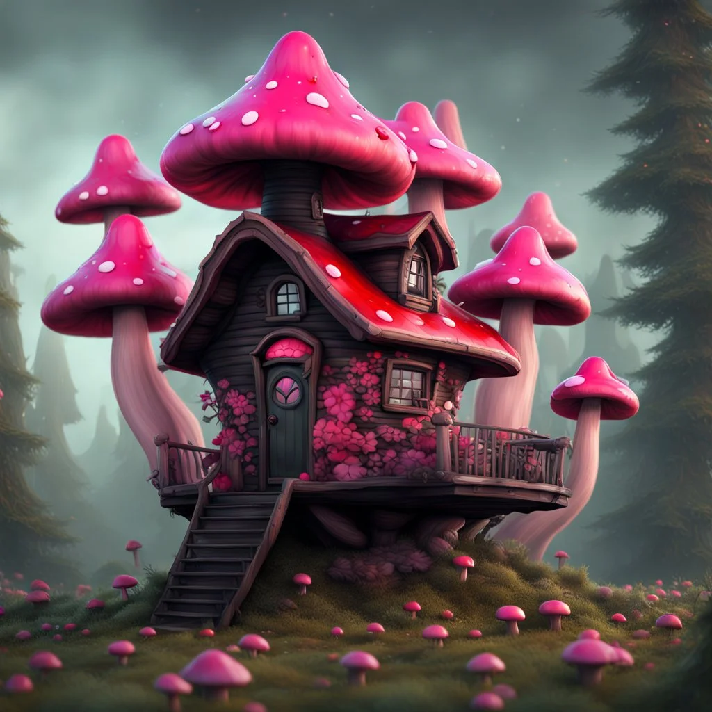 A funny floating mushroom house in space. neutral colors, black pink red, Detailed gloss Painting, rich color, fantastical, intricate detail, splash screen, hyperdetailed, insane depth, concept art, 8k resolution, trending on Artstation, Unreal Engine 5, color depth, dynamic lighting, splash art, dramatic, masterpiece, excellent quality beautiful Imaginative, unique,