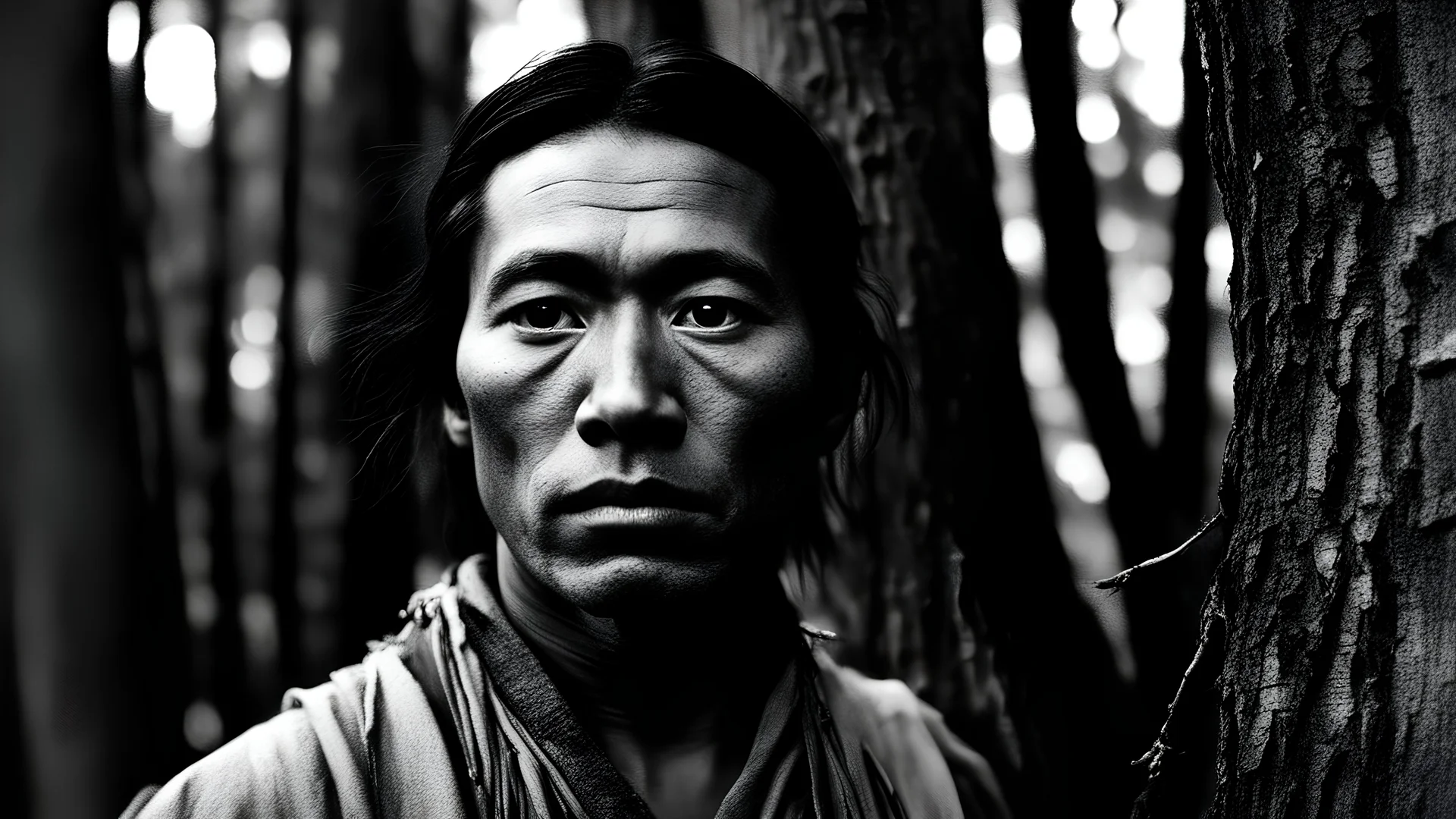 black and white photo of a 30 years old American native in a forest, in the early 19th century, on a sunny day, The Native American is behind a tree, only one eye is visible since the other is behind the tree, The photograph has high contrast and density, reminiscent of Akira Kurosawa's style, with predominantly blacks, whites, and grays, telephoto lens, long shot, landscape shot