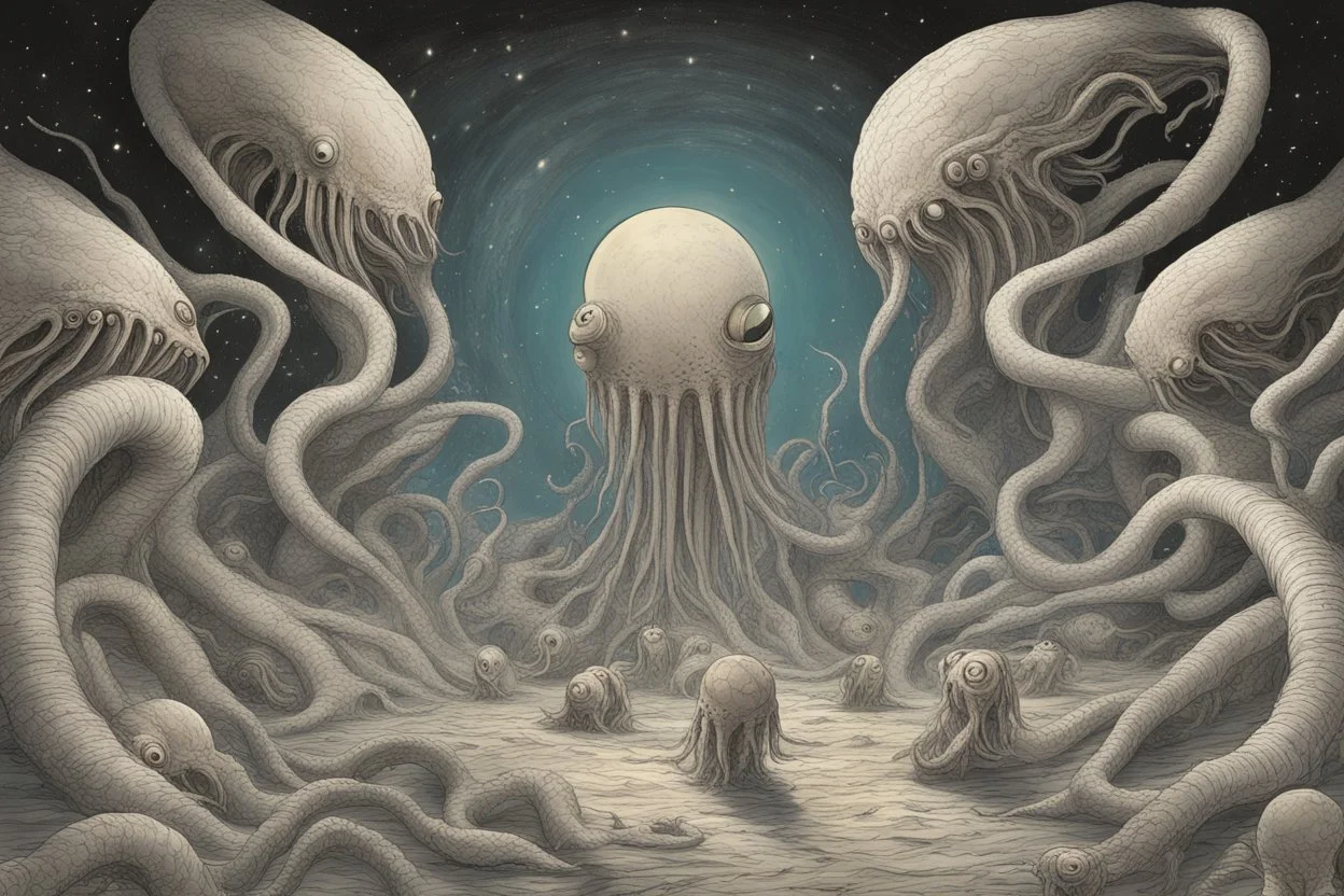 View into an event horizon in space with many enormous strange tentacled creatures with huge eyes and mouths flying around