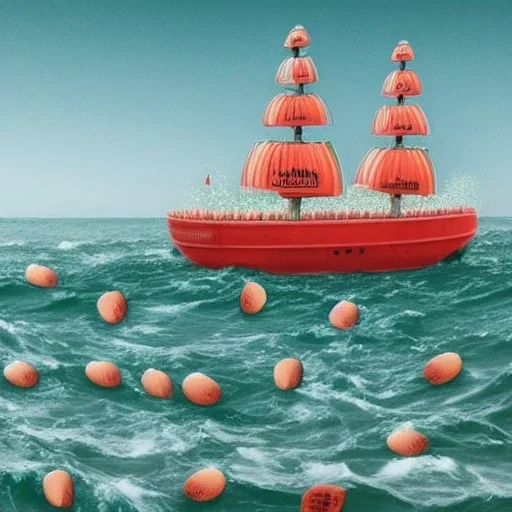A ship made of watermelons on a rough sea