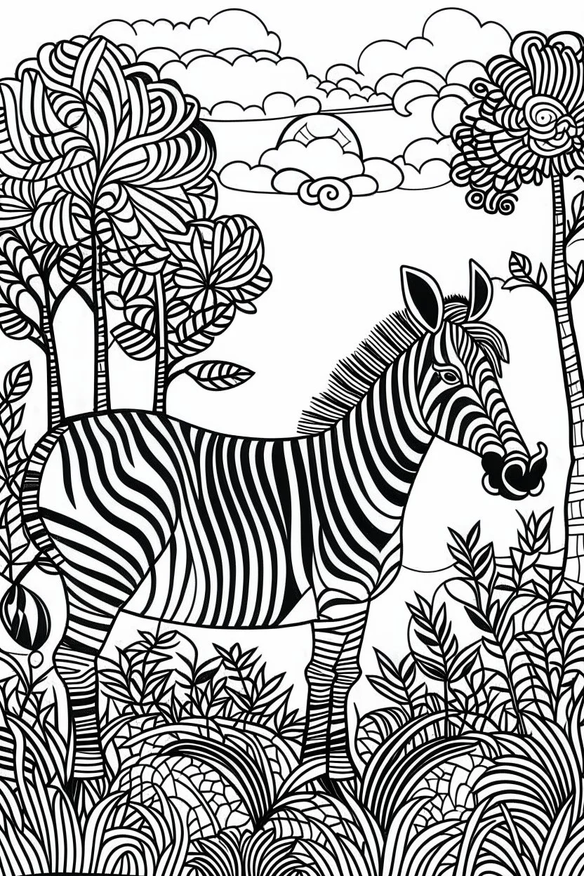 Outline art, zebra in the garden, cartoon style, black and white, low detail, no shading, --ar 9:11