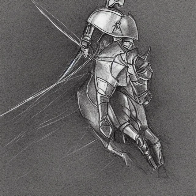 single line pencil sketch from side, little knight on the horse in armor with lancet charging