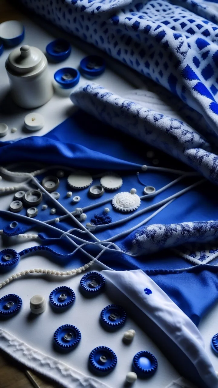 sewing aesthetics, blue, white