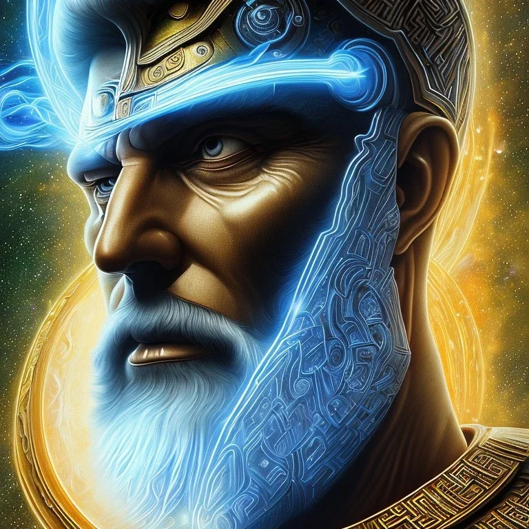 symetrical, centered, ultra detailed, digital art, in center is a portrait of highly detailed greek colossus god zeus surrounded by quantum galaxy codes seeking knowledge, detailed face with human skin color, eyes filled with galaxy, dominating colors = gray light blue and dark gold, lightning, smoke,