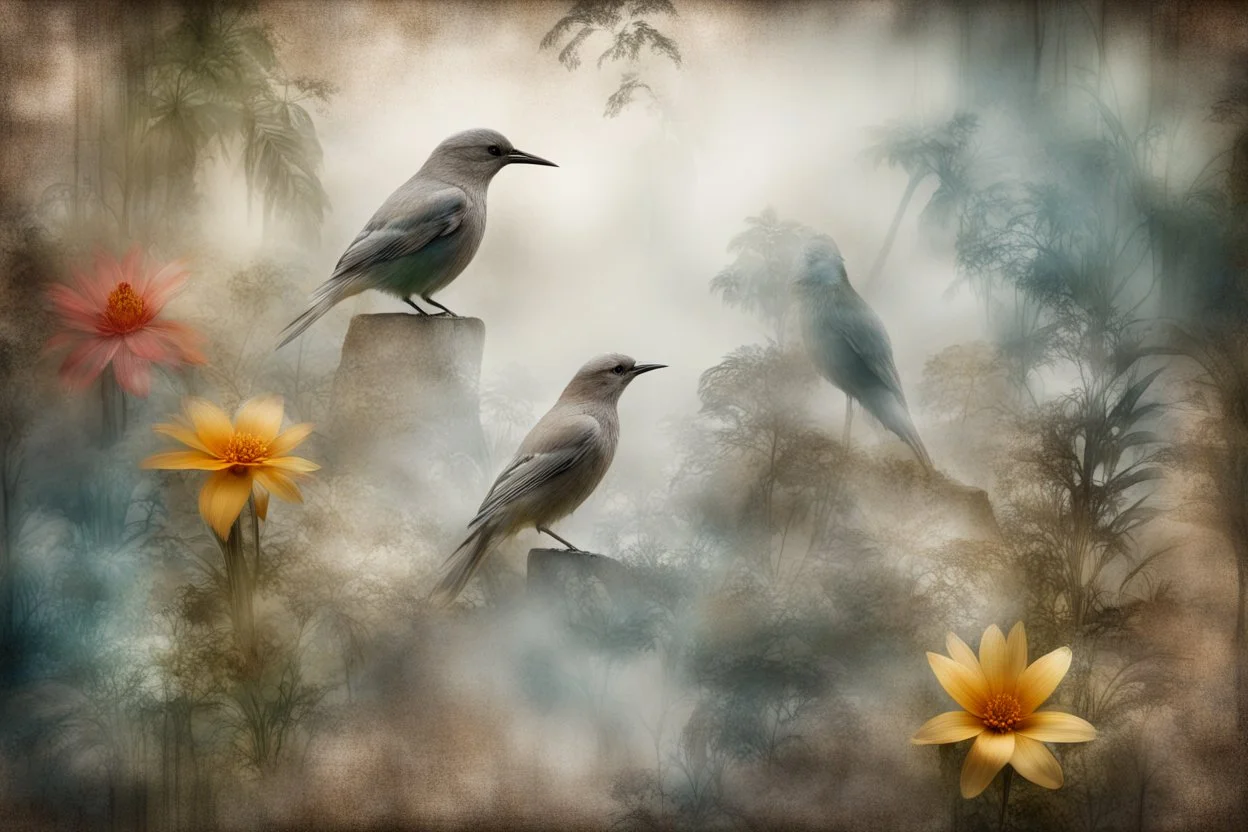 birds, blur 5%, flowers, double exposure, merged layers, in the first part (near to us) of the picture you can see a plain sandblown smoked glass, engraved with a folk art pattern, the glass is cracked in several places, in some places the glass is broken, crumpled burlap, through it you can see a tropical rainforest with a waterfall, mist, fog, sunrise, gemstones