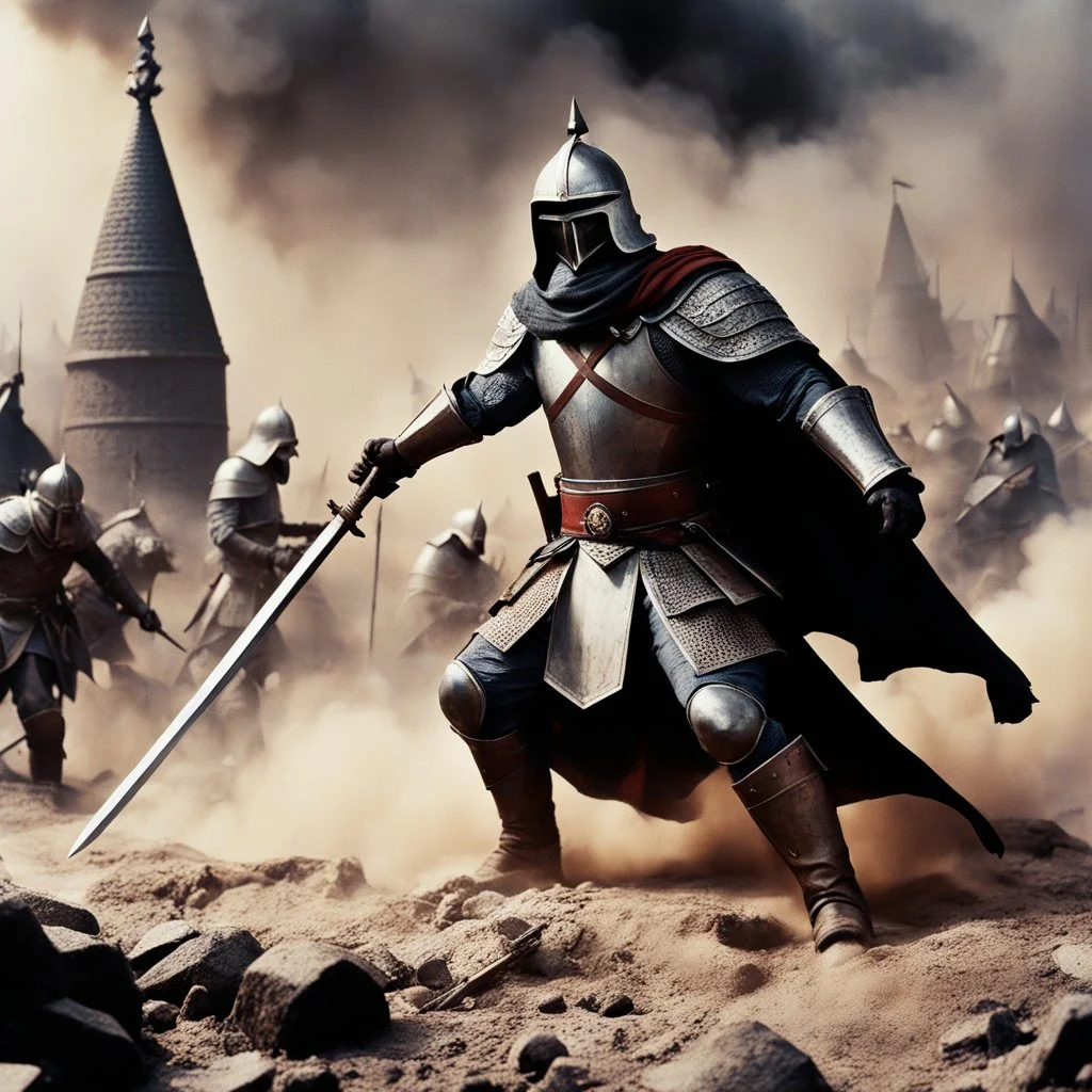[high res photography by Ray Harryhausen] a templar in the middle of a terrible battle against chaos: fumes and dust and blood everywhere