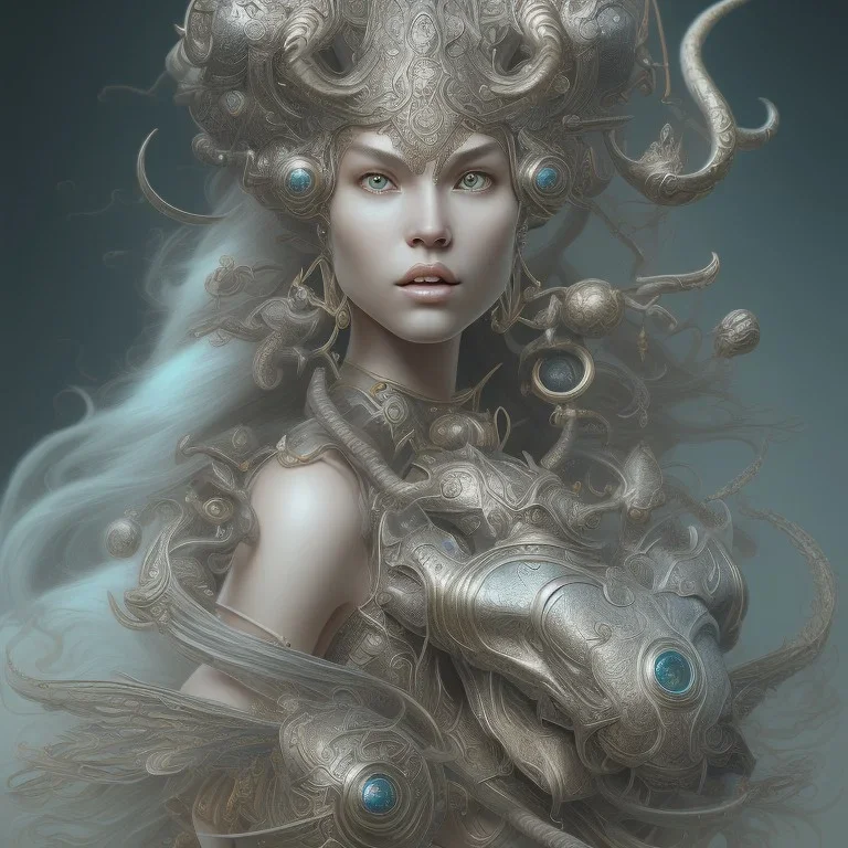 sango fantasy, fantasy magic, intricate, sharp focus, illustration, highly detailed, digital painting, concept art, matte, artgerm and paul lewin and kehinde wiley, masterpiece silver tiger head bronze Asian African girl nice breast Afo hair turquoise snow waves