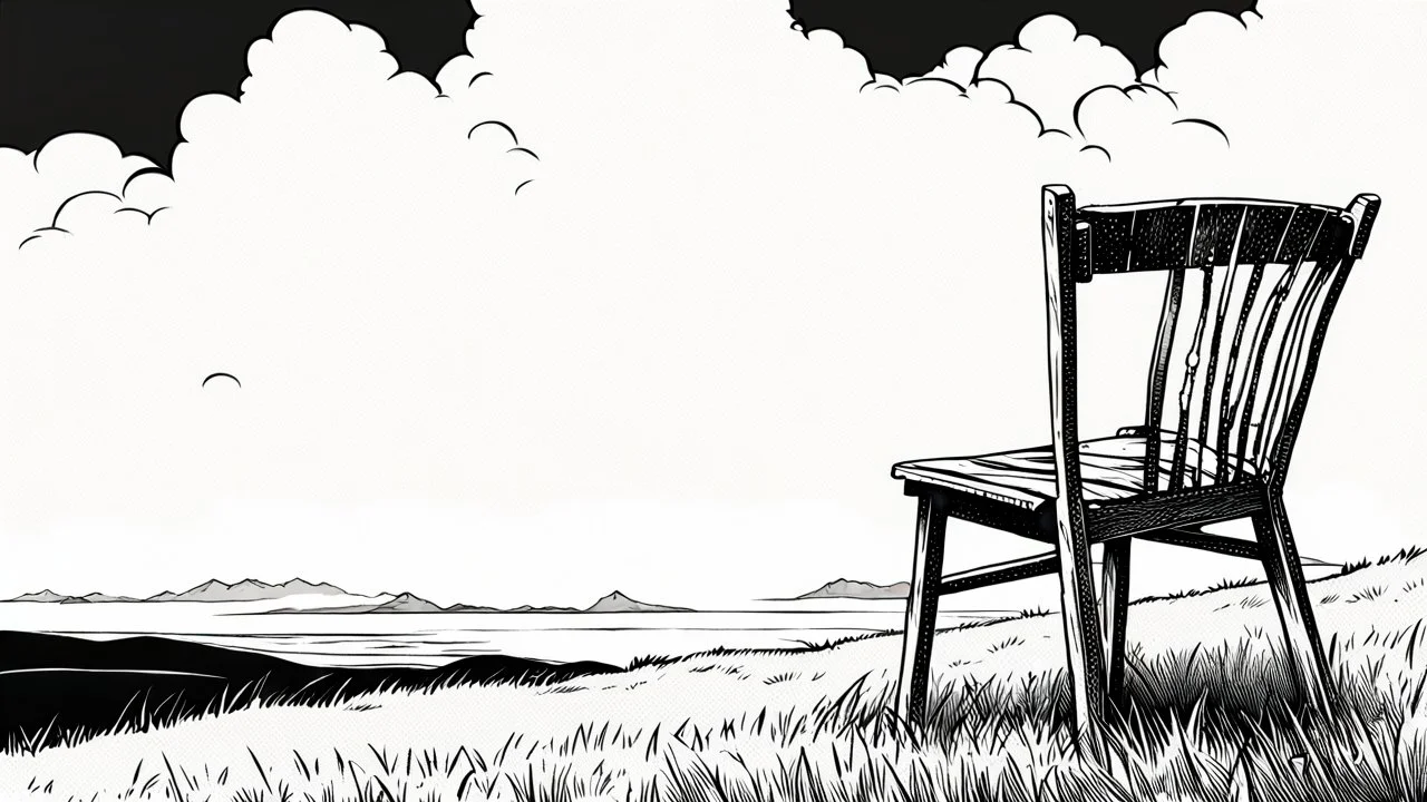 broken wooden chair, anime, monochrome, black background, ink, simple, maximum quality, broken hinge, barely functioning, centered on frame, far view, in the middle of a grassy hill, white sky with cumulonimbus