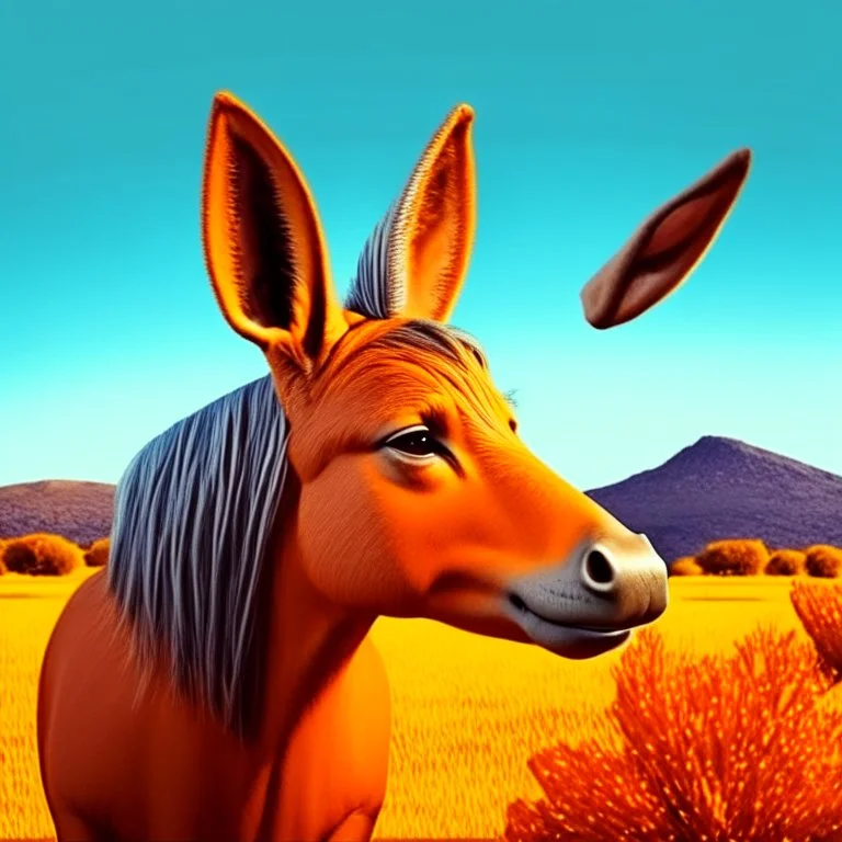 Convertir foto en caricatura grotesca conservando la misma imágen, de pie en prado, orejas de burro grandes, cuerpo completo, hiperdetallado obra de arte, arte gráfica 2d colores contrastantes, fondo naranja degradado coherente, 4k