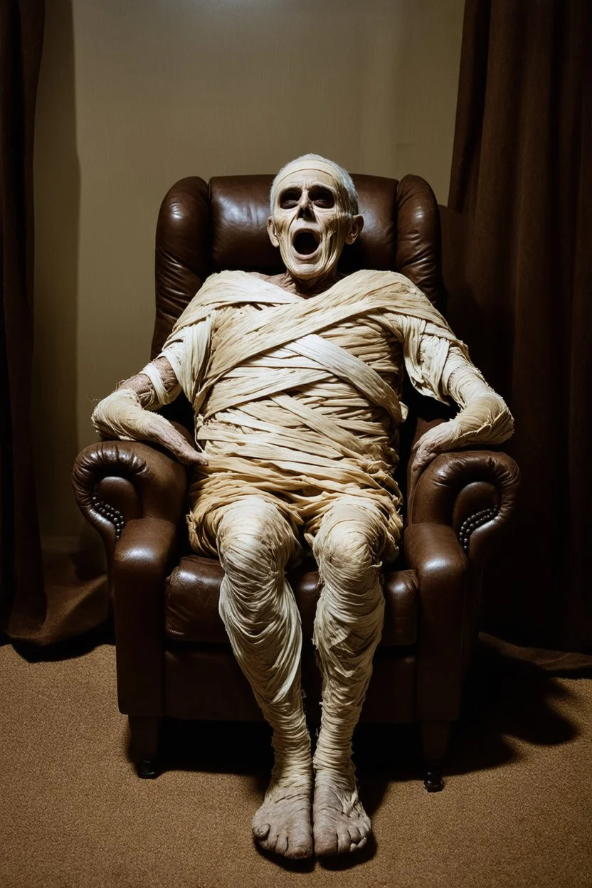 a decrepit mummy leaned over in a brown chair, mouth open