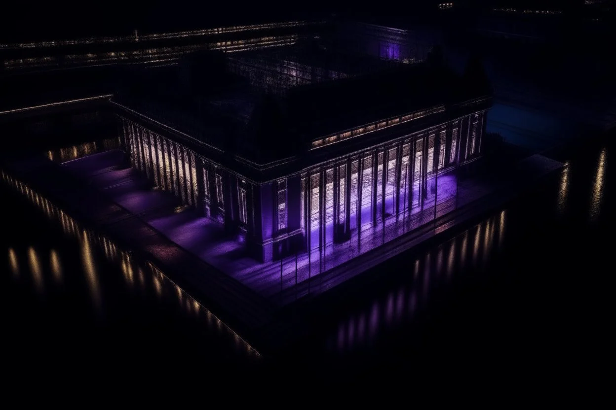 futuristic Exterior of a bulding, gothic, neon, neoclassical and dark violet and dark gold, light silver, obsidian, lakecore, maximalist, and the reflection in river, dji mavic