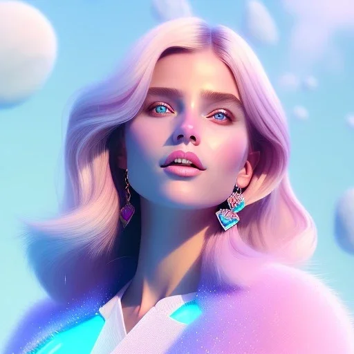 A portrait of a crystalised beautifull girl,smiling, laughting, white longs hairs, atmospheric, realistic,, cinematic lighting, octane render,, pink turquoise light, blue eyes nice, soft face, jewejs brillants