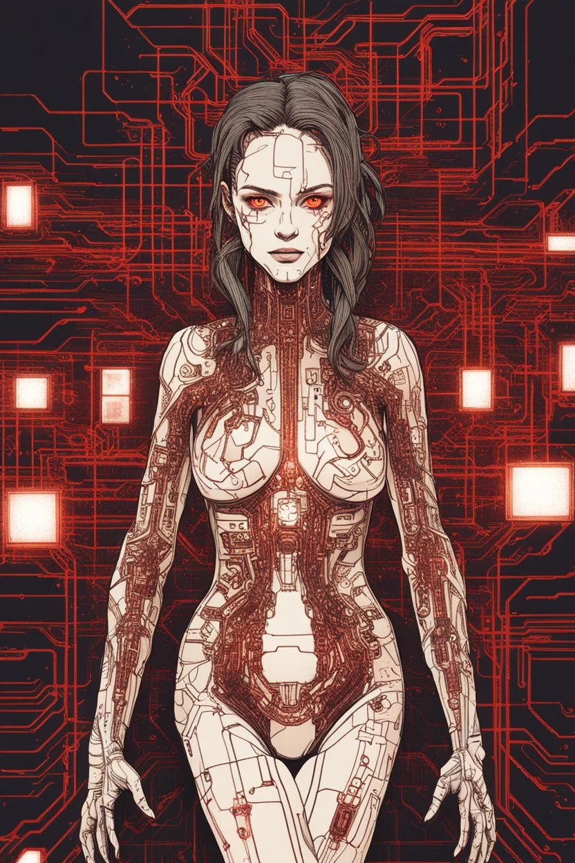 A cybernetic woman with intricate circuitry patterns etched into her skin, her glowing red eyes scanning the streets for any signs of danger.