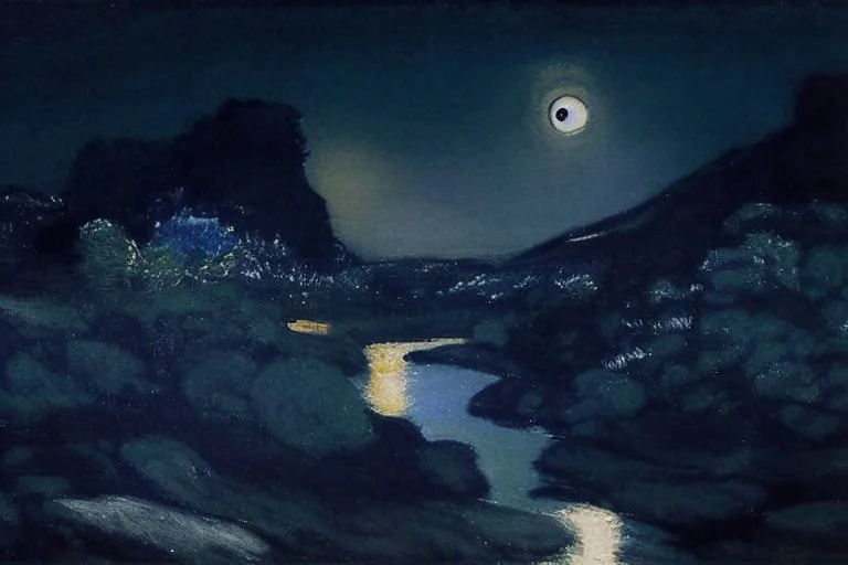 Night, moon, mountains, vegetations, sand, stream, rocks, philip wilson steer and lesser ury impressionism painting