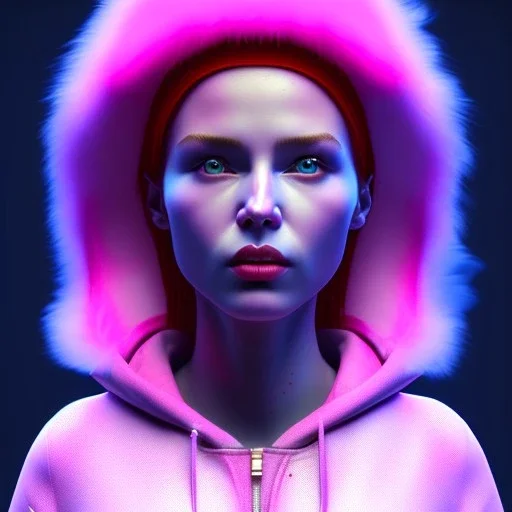 Russian woman, rounded face, bubble gum, heavily made up, red, blue, pink, hoodie, feathers, latex, leather, soft color, highly detailed, art stations, concept art, smooth, unreal engine 5, god rays, ray tracing, RTX, lumen lighting, ultra detail, volumetric lighting, 3d, finely drawn, high definition, high resolution, neon background.