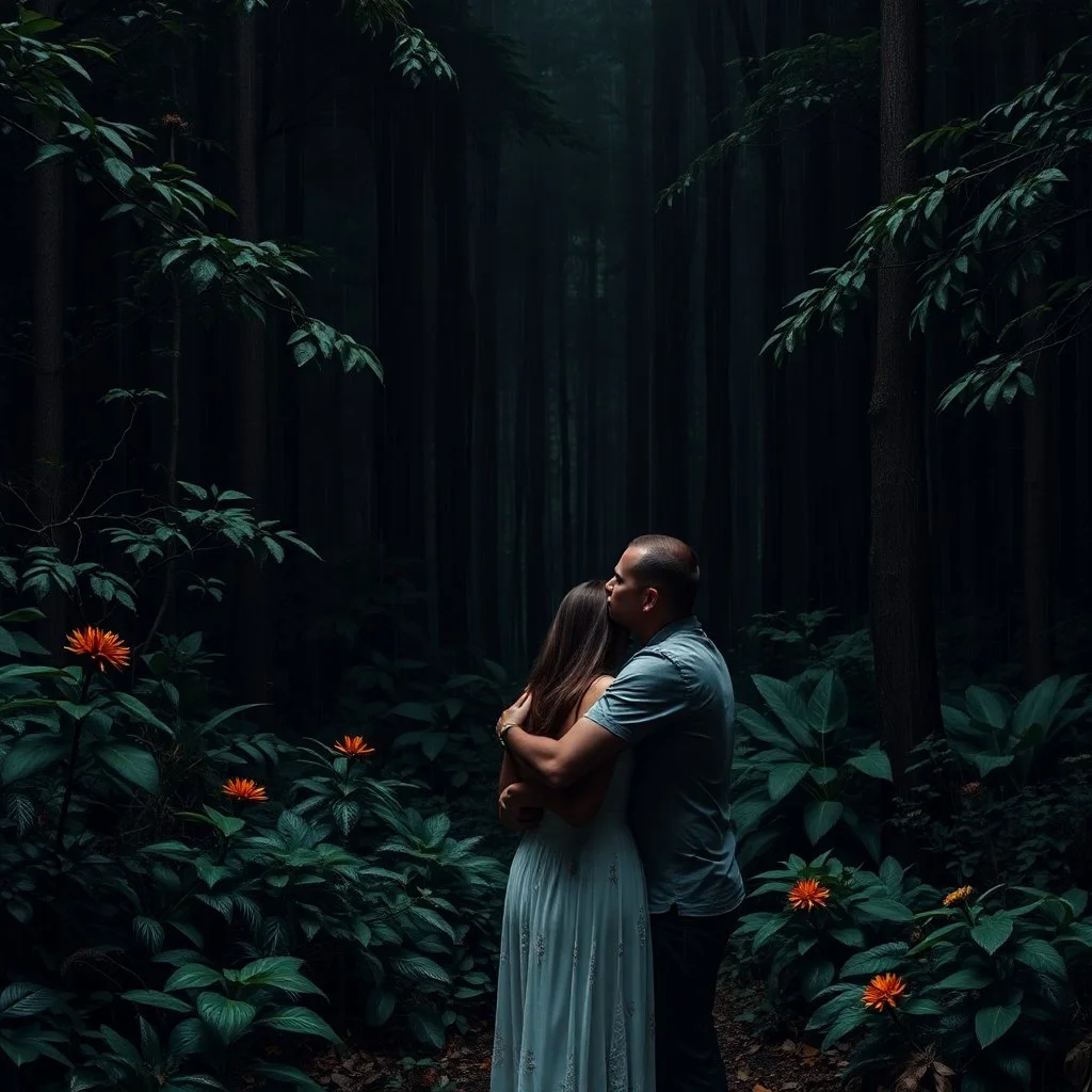 dark and quiet forest with abundant flora and rain , a man and a woman hugging